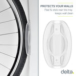 Delta bike wall mount with clear protective tire tray against white background