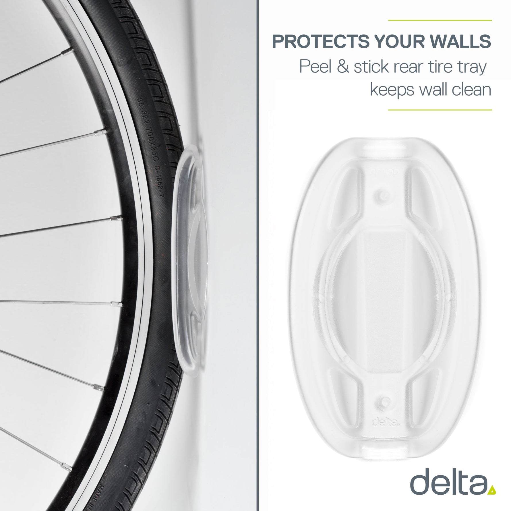 Delta bike wall mount with clear protective tire tray against white background