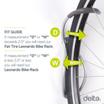 Delta grey bike wall mount rack with tire measurement fit guide diagram