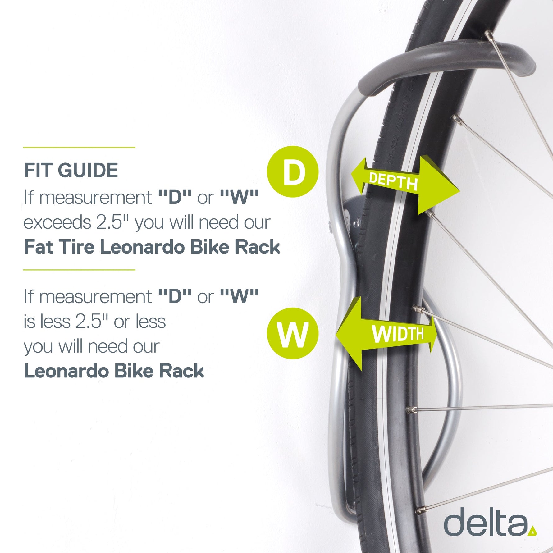 Delta grey bike wall mount rack with tire measurement fit guide diagram