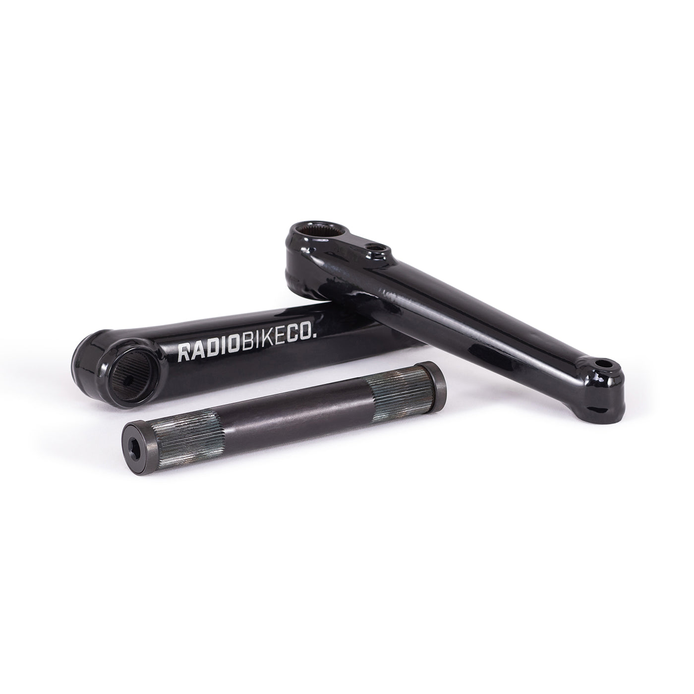 Radio bike cranks in glossy black finish with spindle components