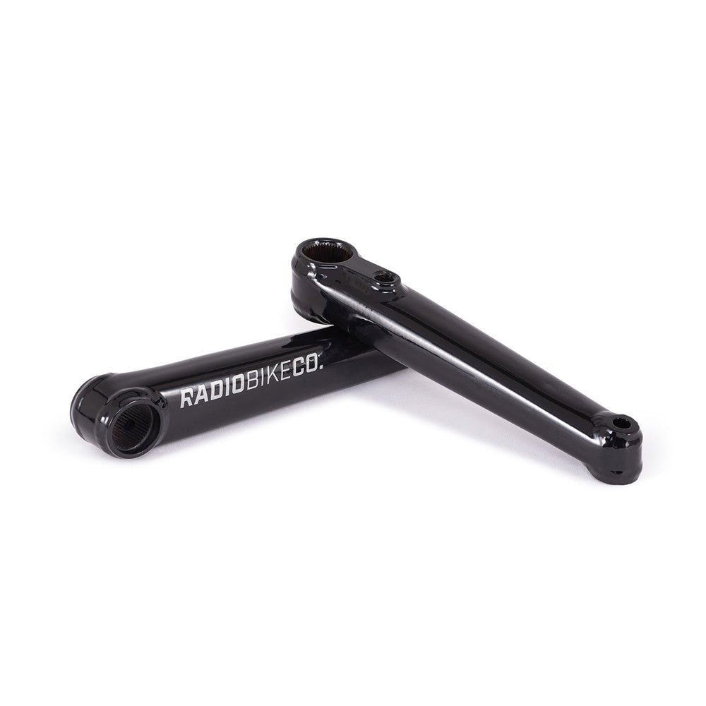 Radio bike cranks in glossy black finish on white background