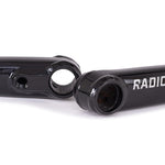 Radio brand black bicycle cranks with splined interface on white background