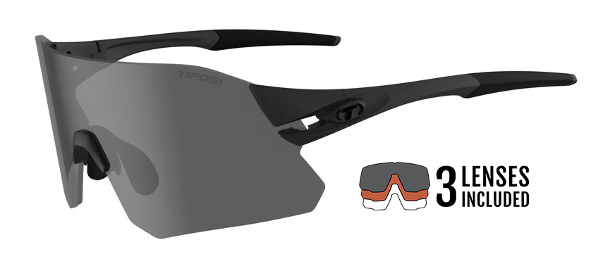 Tifosi Rail BlackOut interchangeable sunglasses with three lens options on white background