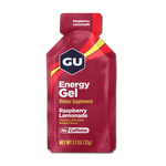 GU Energy Gel Raspberry Lemonade flavor packet, red packaging with colorful stripes