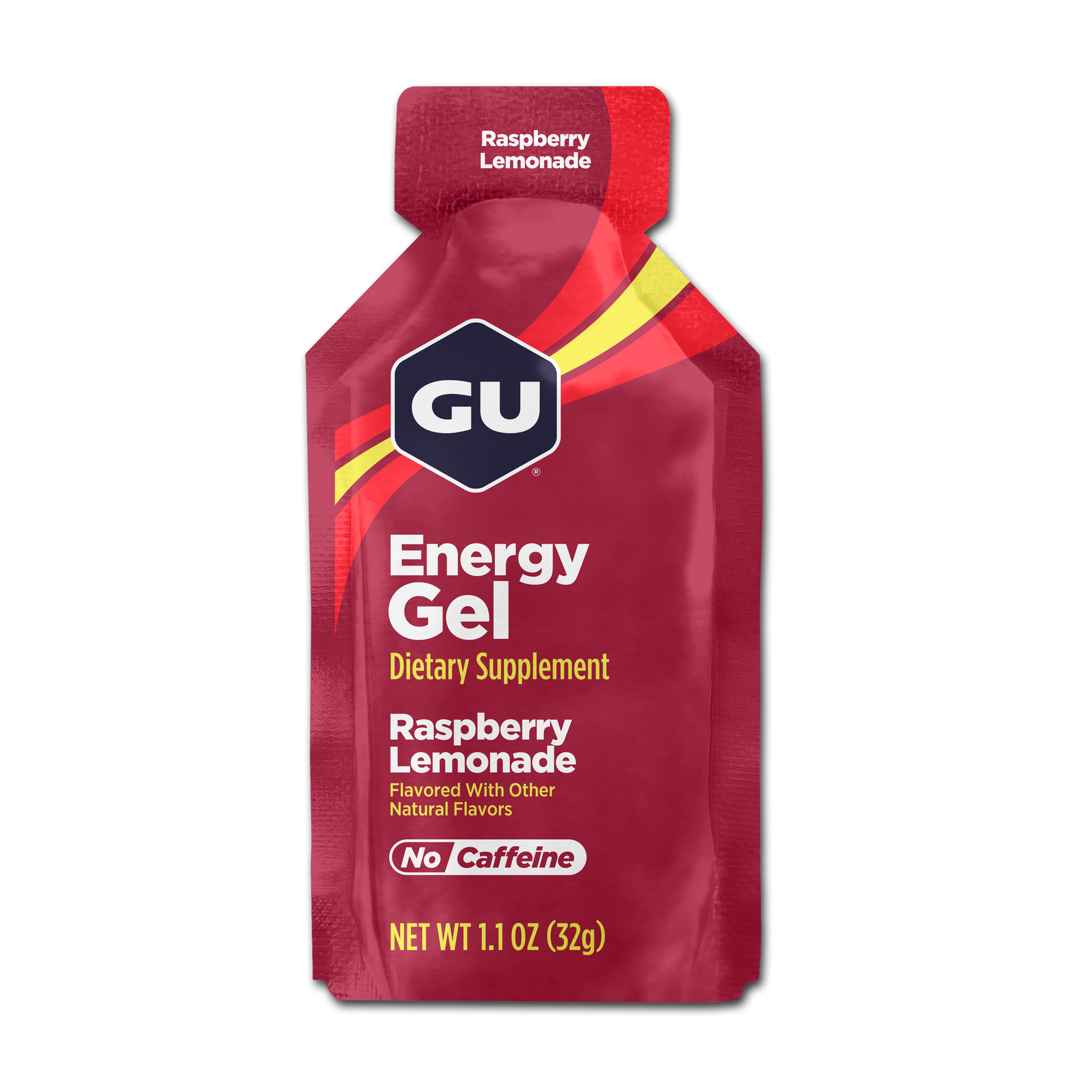 GU Energy Gel Raspberry Lemonade flavor packet, red packaging with colorful stripes
