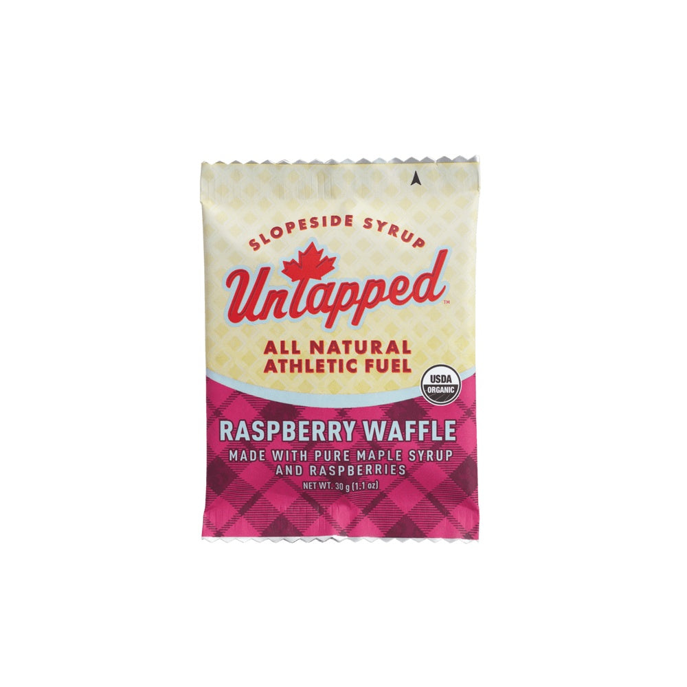 UnTapped Organic Raspberry Waffle single serving packet, pink plaid design, USDA Organic