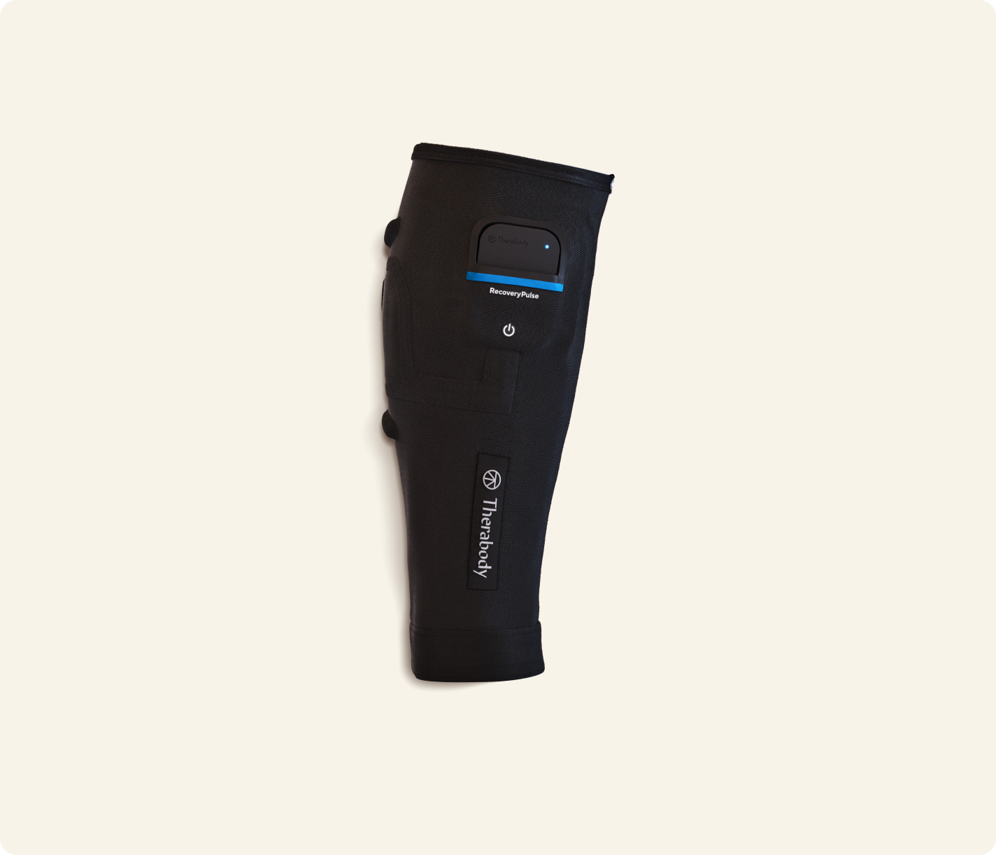 Therabody RecoveryPulse black calf compression device with control panel and blue accent