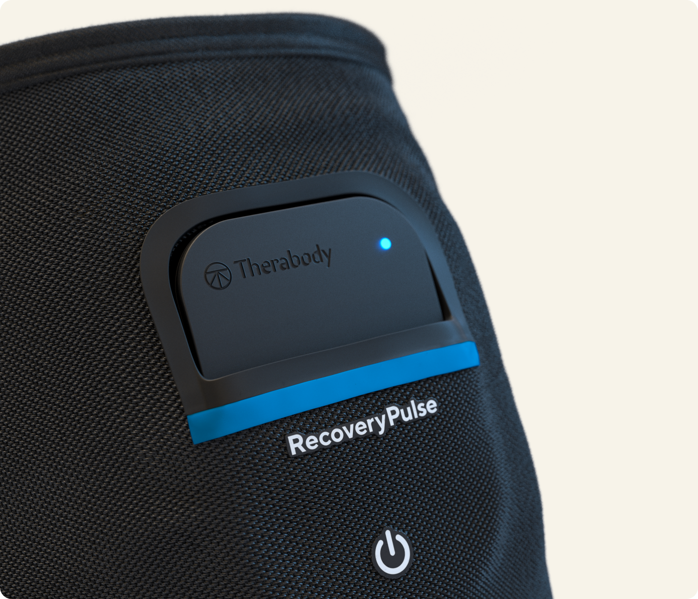 Therabody RecoveryPulse compression calf sleeve with control unit and blue accent stripe