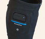 Therabody RecoveryPulse calf compression device in black with blue accent stripe and power button