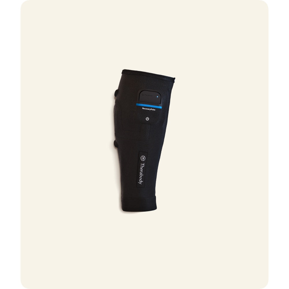 Black Therabody RecoveryPulse calf compression sleeve with control unit and blue accent