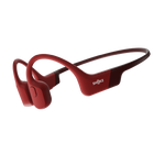 Red Shokz bone conduction headphones with wraparound design on white background