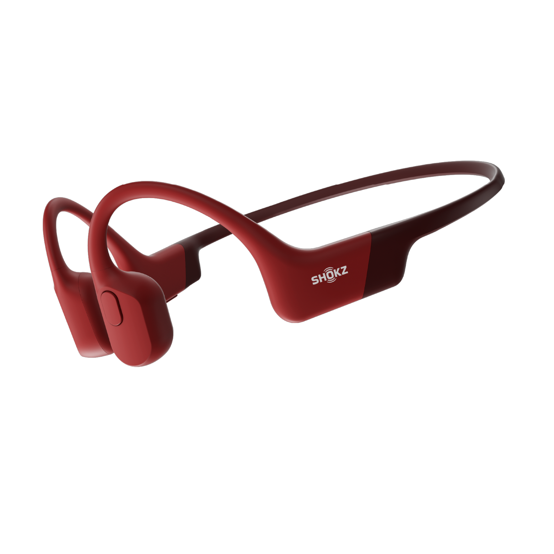 Red Shokz bone conduction headphones with wraparound design on white background