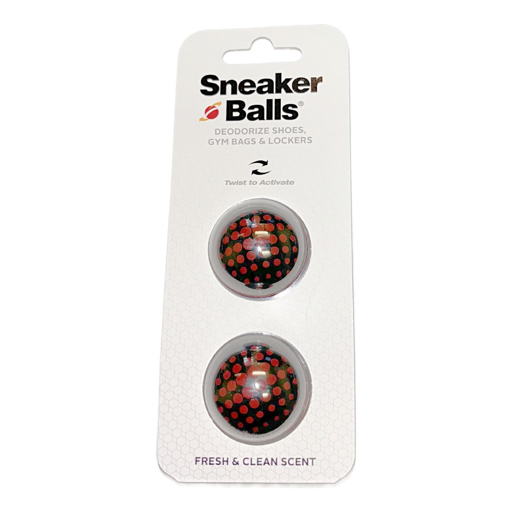 Sneaker Balls shoe deodorizers with black and red polka dot pattern on retail packaging