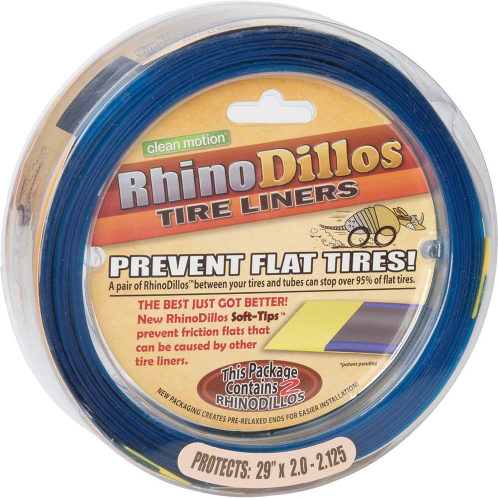 RhinoDillos blue tire liners in circular packaging for 29 inch wheels