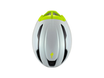 Specialized S-Works Evade 3 cycling helmet in white with bright green accents, top view