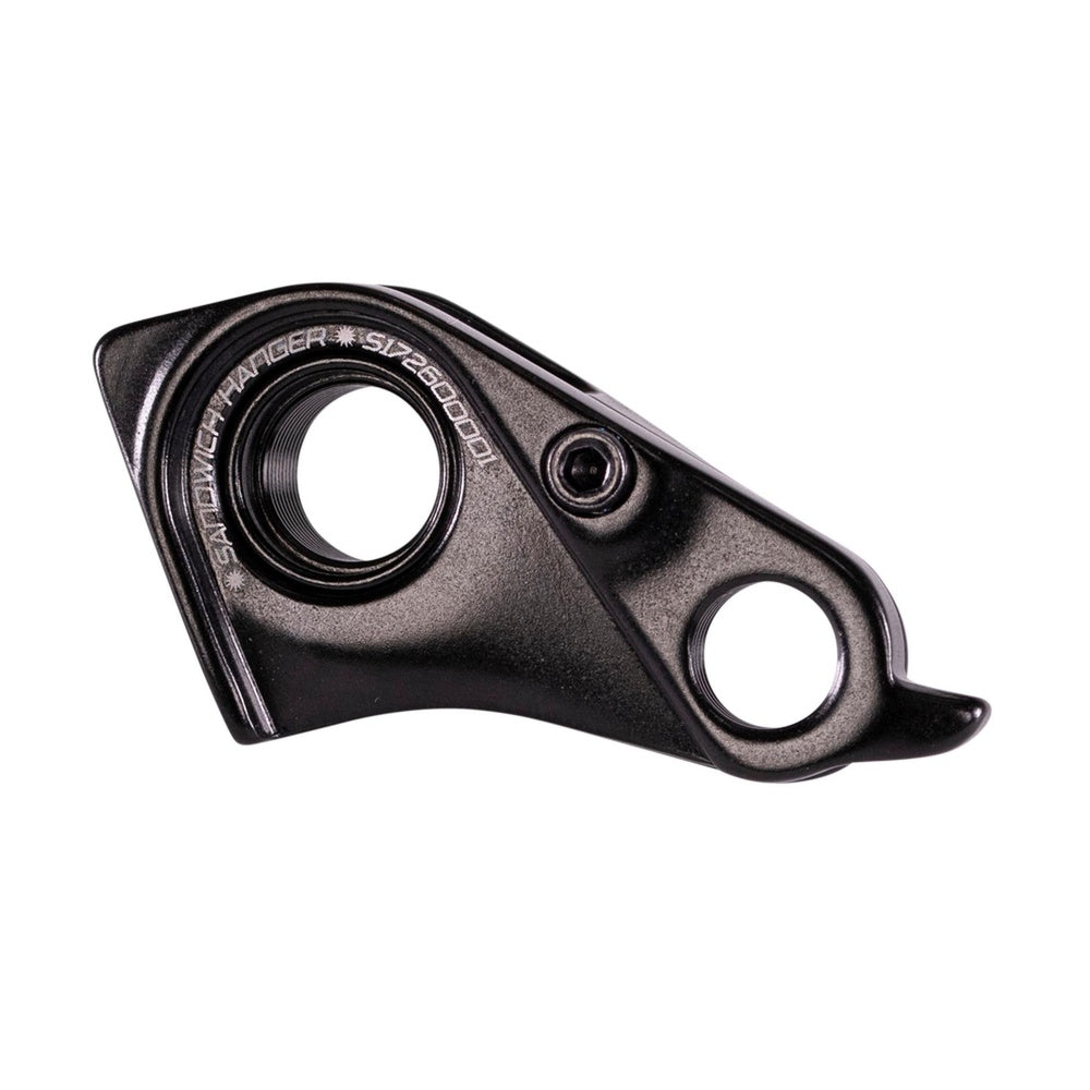 Black Specialized derailleur hanger with brand text and mounting holes