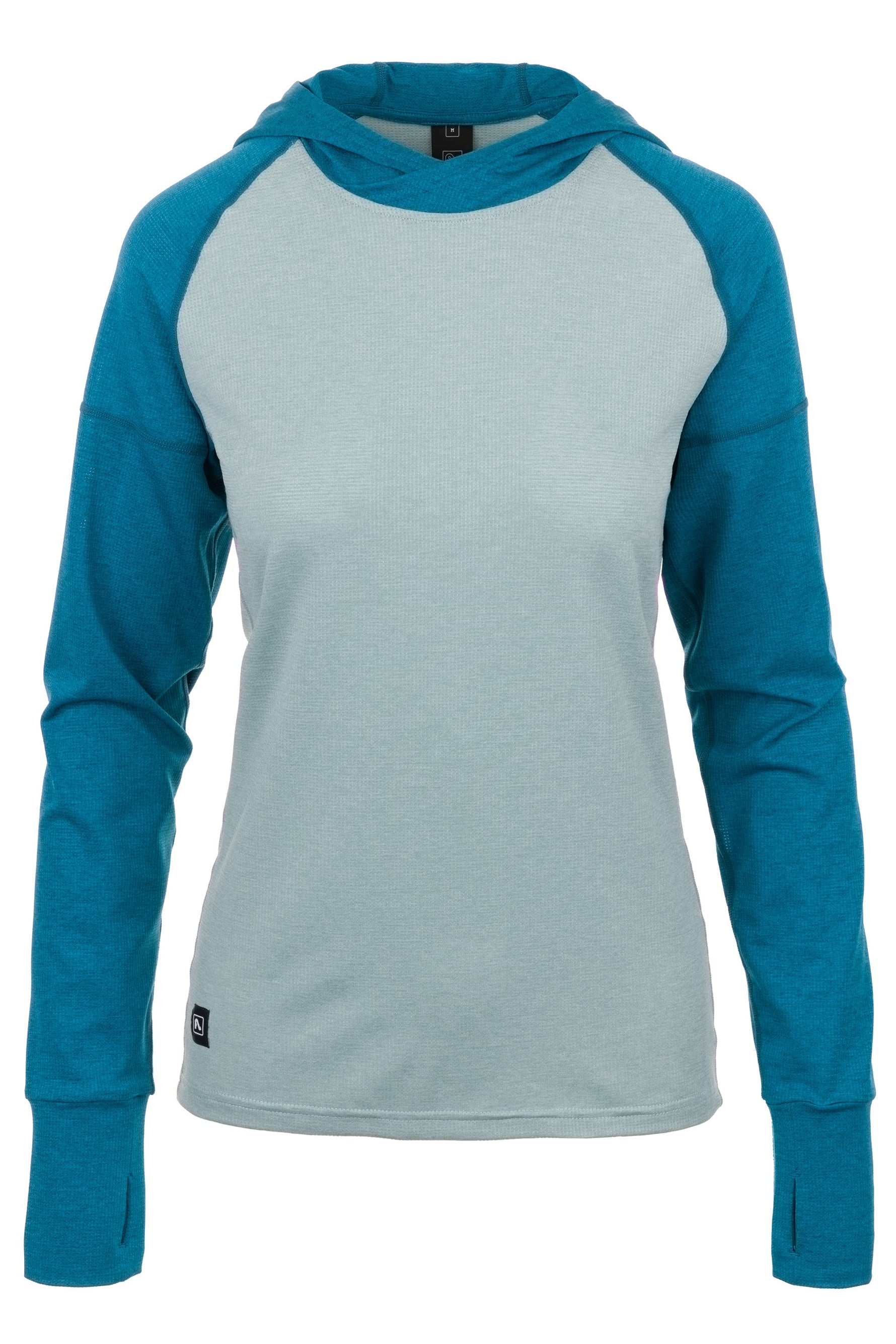 Flylow Gear Moonlight women's hooded shirt in cloud colorway with teal sleeves