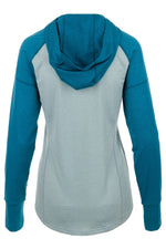Flylow Gear women's hooded shirt in teal and gray colorblock design, back view