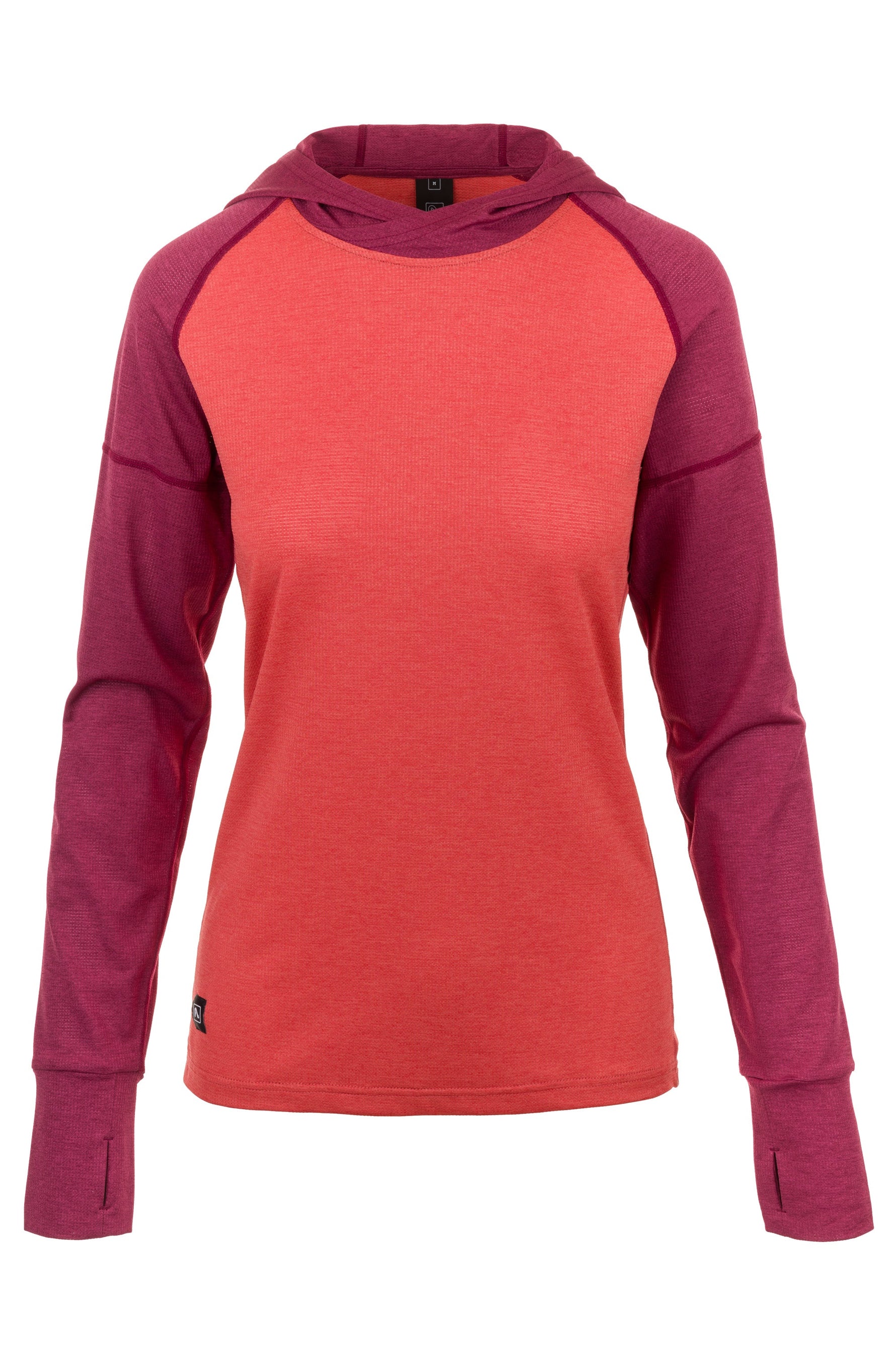 Women's hooded long-sleeve shirt with coral body and burgundy sleeves