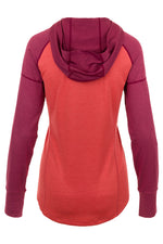 Flylow Gear women's hooded long-sleeve shirt in coral and burgundy colorblock design