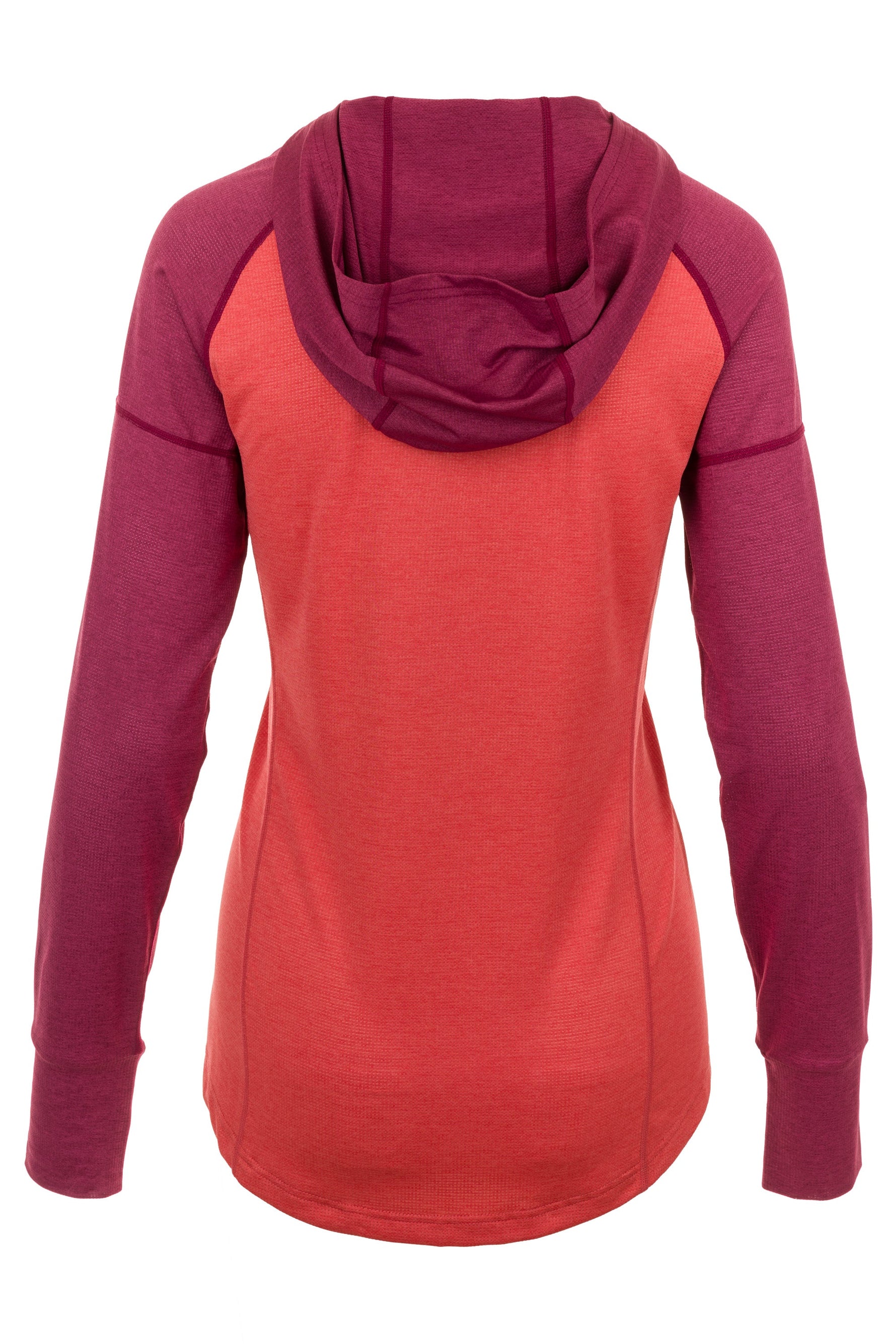 Flylow Gear women's hooded long-sleeve shirt in coral and burgundy colorblock design