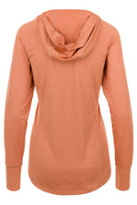 Back view of coral orange hooded long sleeve shirt on white background
