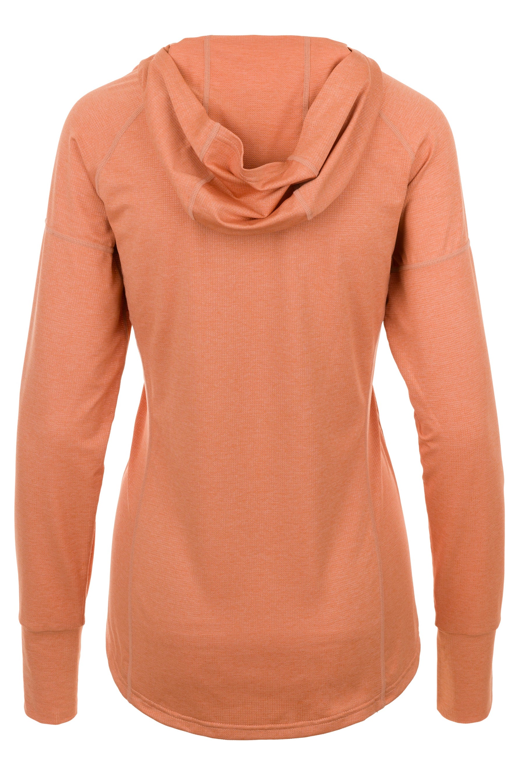 Back view of coral orange hooded long sleeve shirt on white background