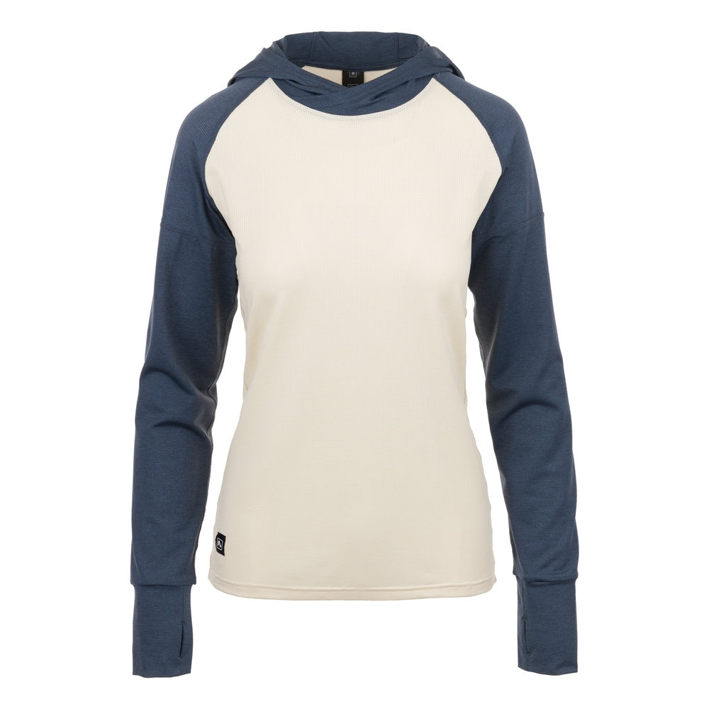 Flylow Gear women's hooded raglan shirt in cream and navy colorway