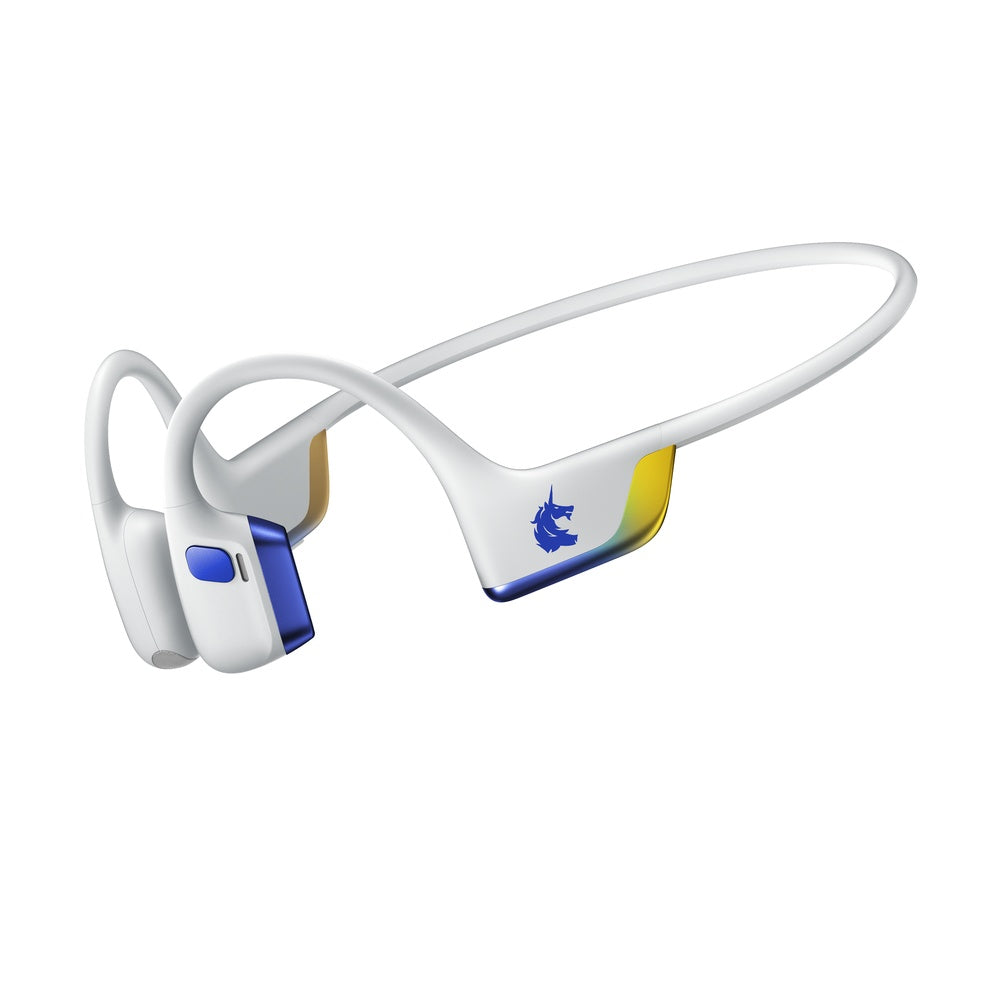 Shokz OpenRun Pro 2 bone conduction headphones in white with blue and yellow Boston Marathon edition accents