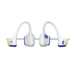 Shokz OpenRun Pro 2 Mini Boston Marathon Edition bone conduction headphones in white with blue yellow accents