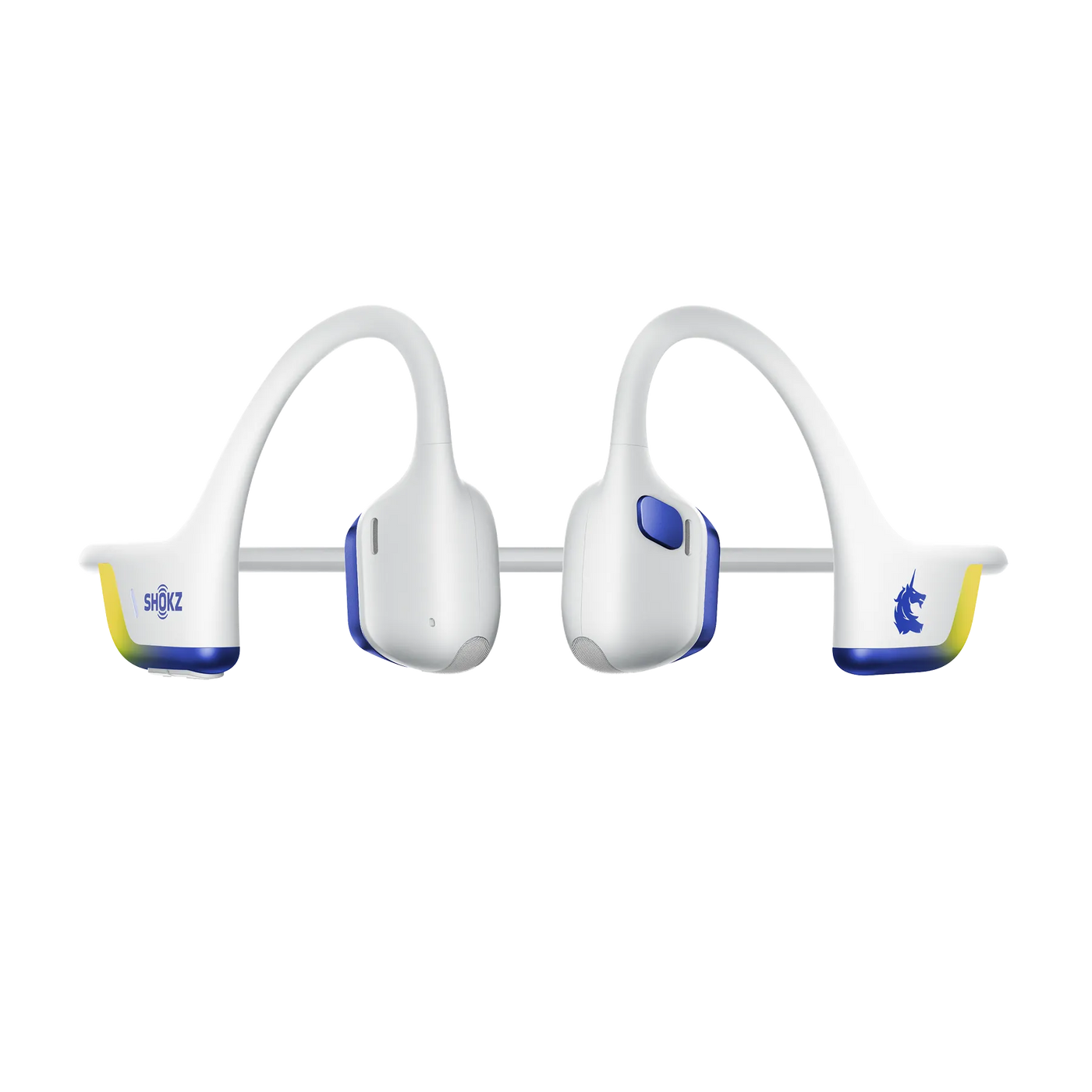 Shokz OpenRun Pro 2 Mini Boston Marathon Edition bone conduction headphones in white with blue yellow accents