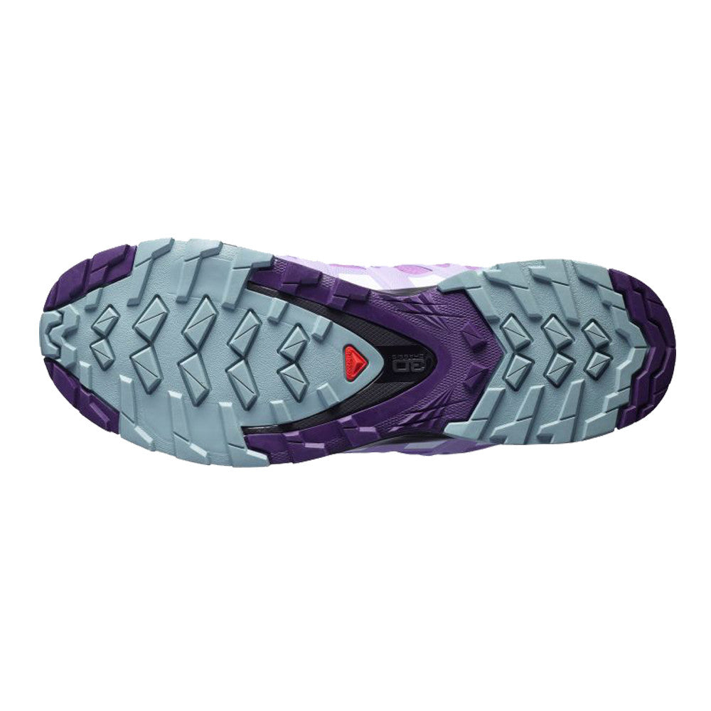 Salomon XA Pro 3D V8 GORE-TEX Women's Trail Running Shoe sole in Royal Lilac colorway