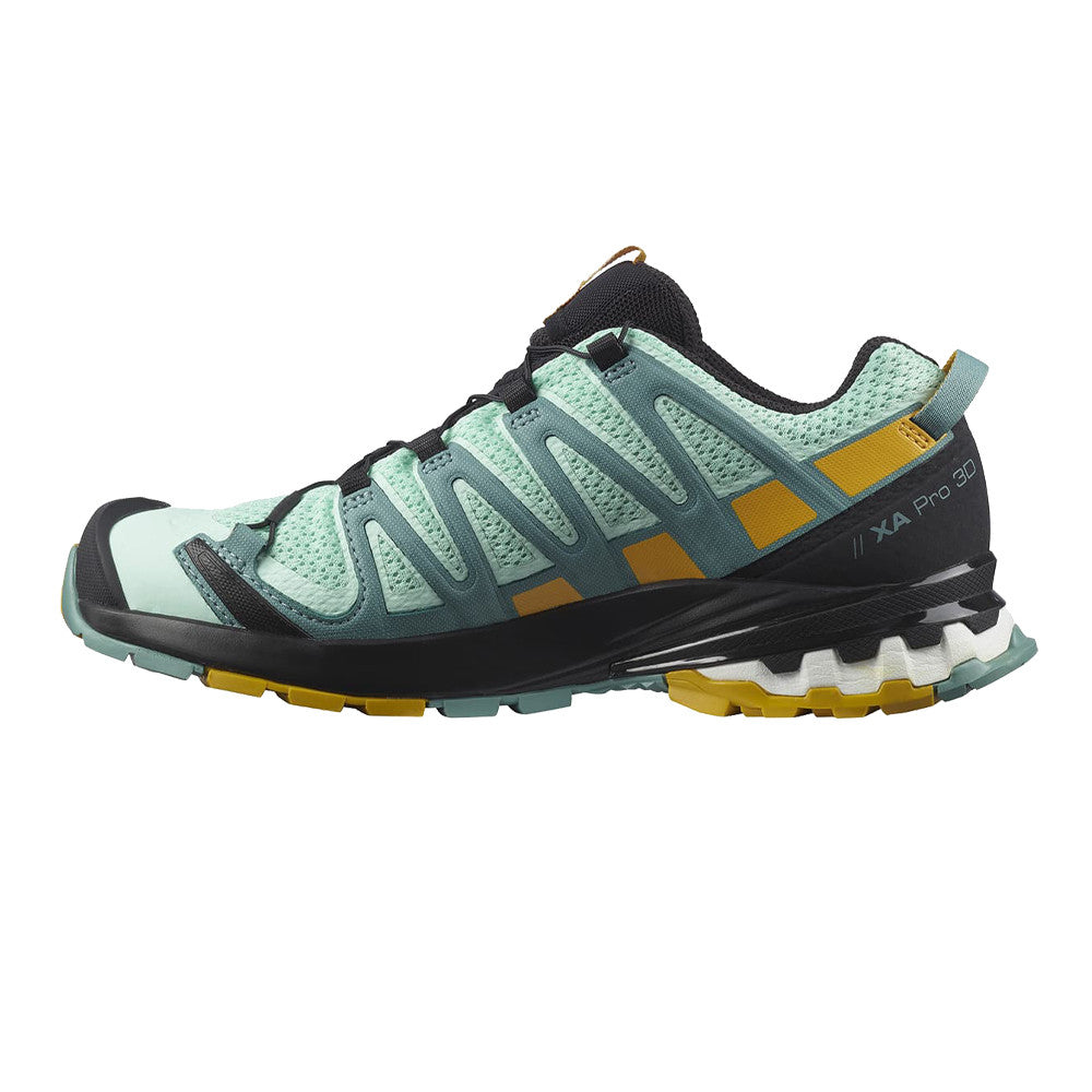 Salomon XA Pro 3D v8 women's trail running shoe in mint green with yellow accents