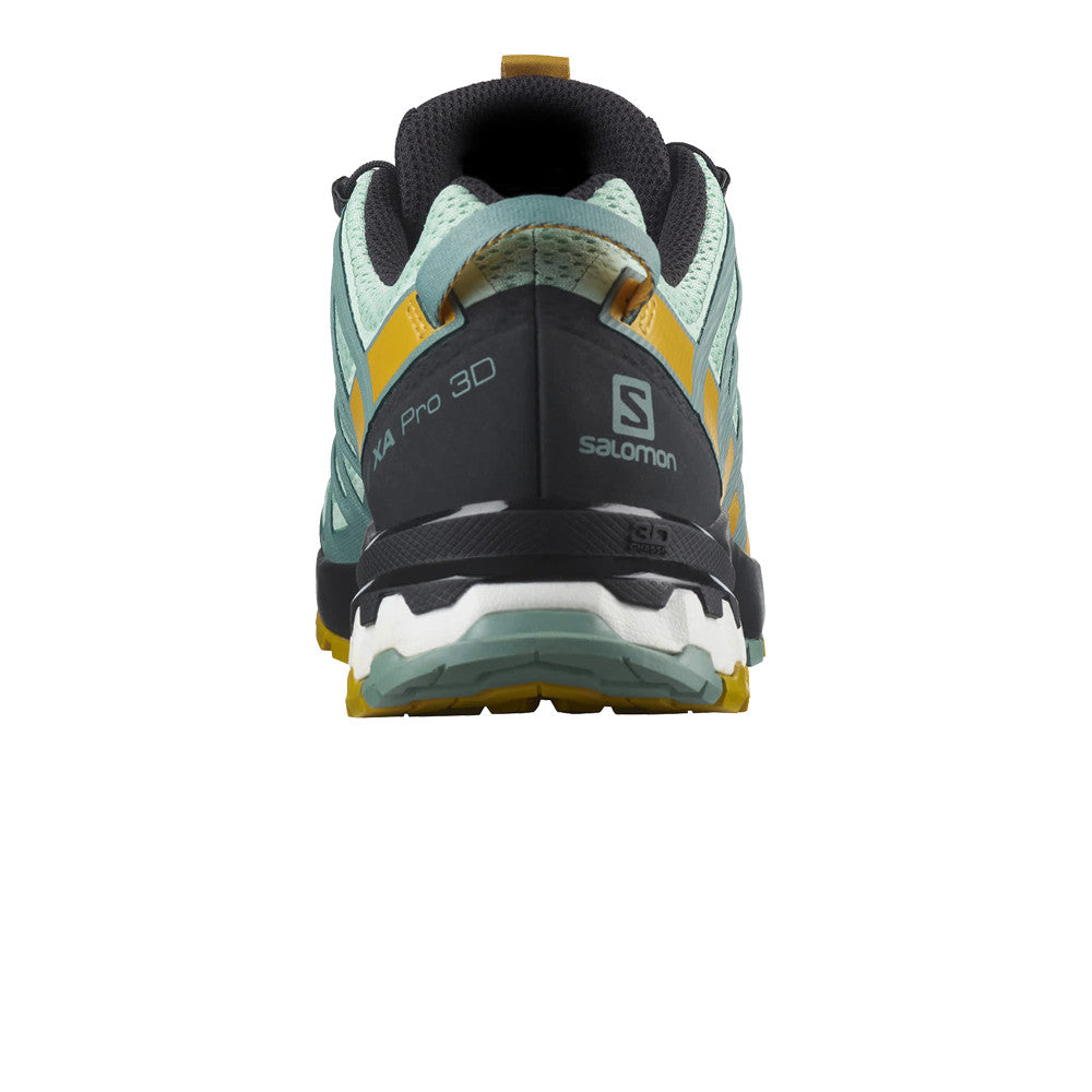 Salomon XA Pro 3D trail running shoe heel view in mint green and yellow colorway