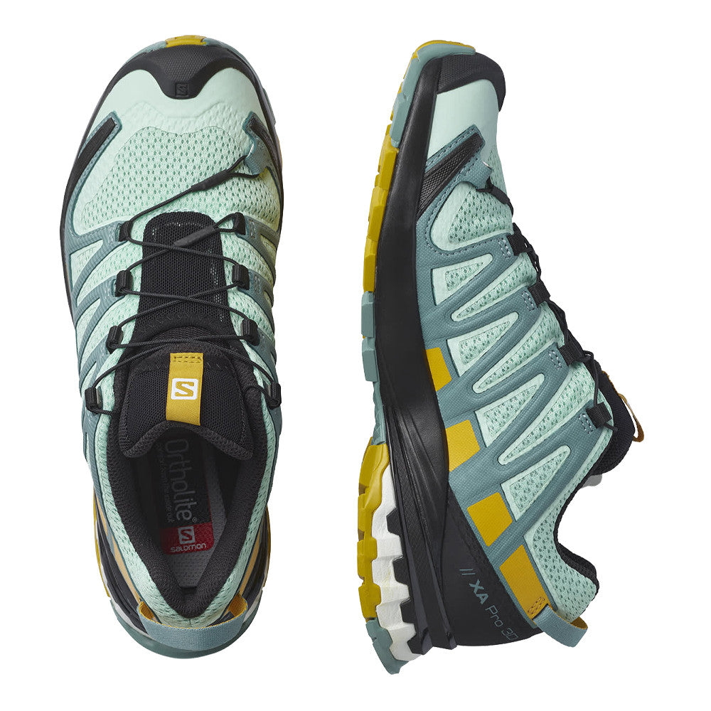 Salomon XA Pro 3D v8 women's trail running shoes in mint green and yellow