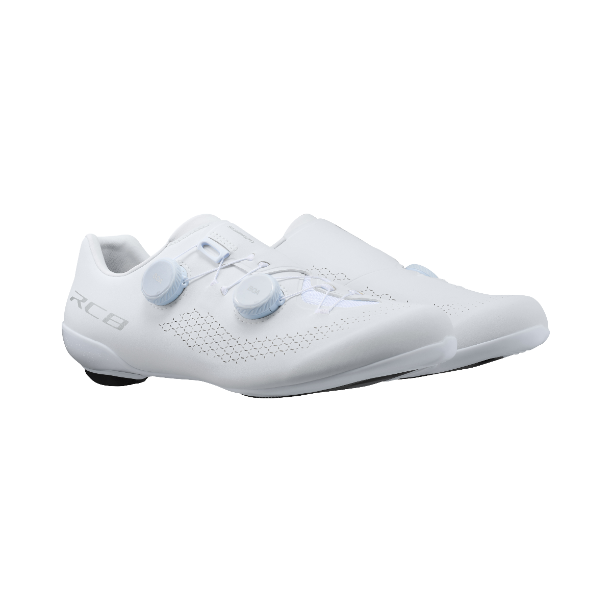 Pair of Shimano RC8 white road cycling shoes with dual BOA closures, angled three-quarter view