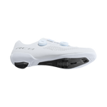 Shimano RC8 white cycling shoe lateral view showing carbon sole and BOA dial closure system