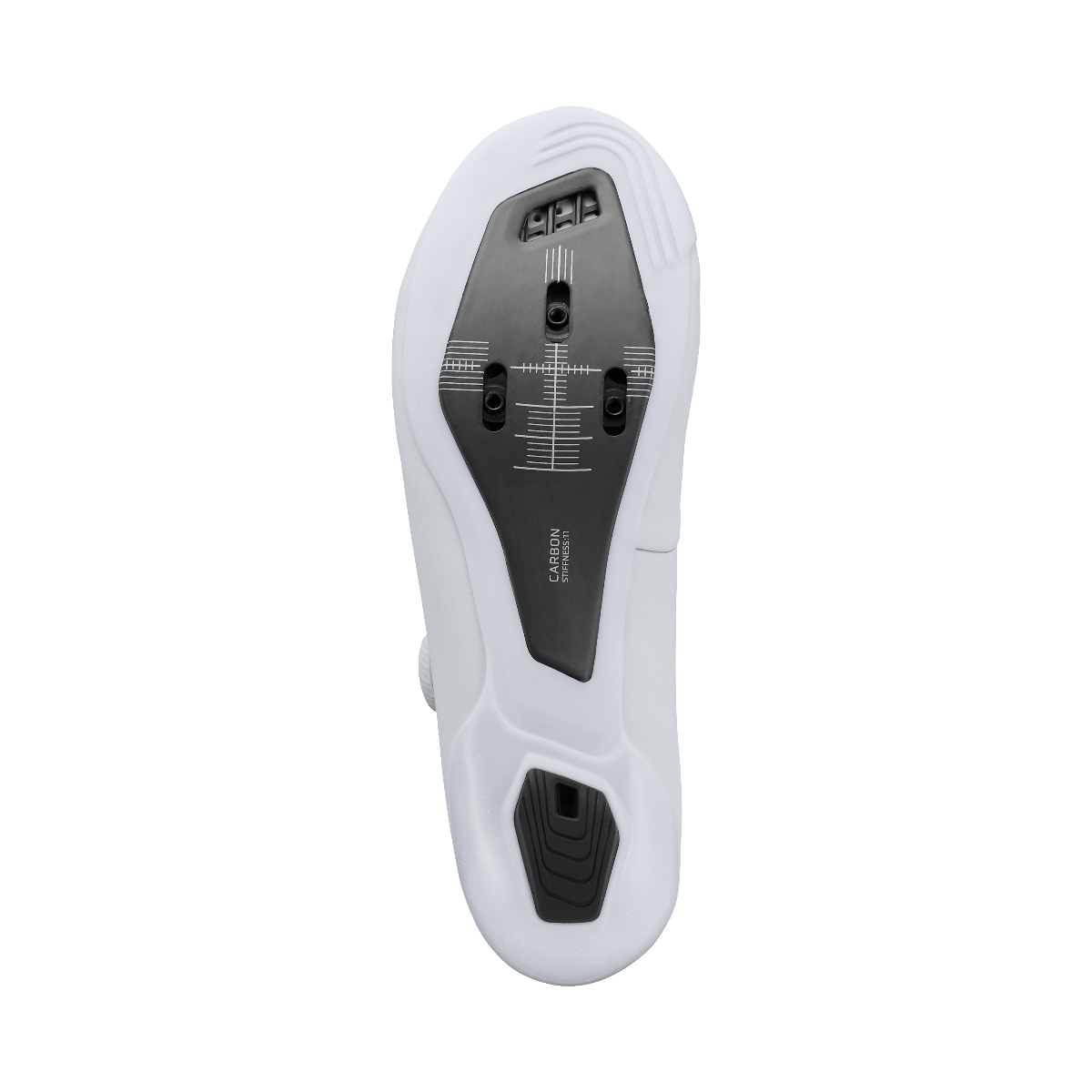 Bottom view of Shimano RC8 white cycling shoe showing carbon sole with cleat mounting points