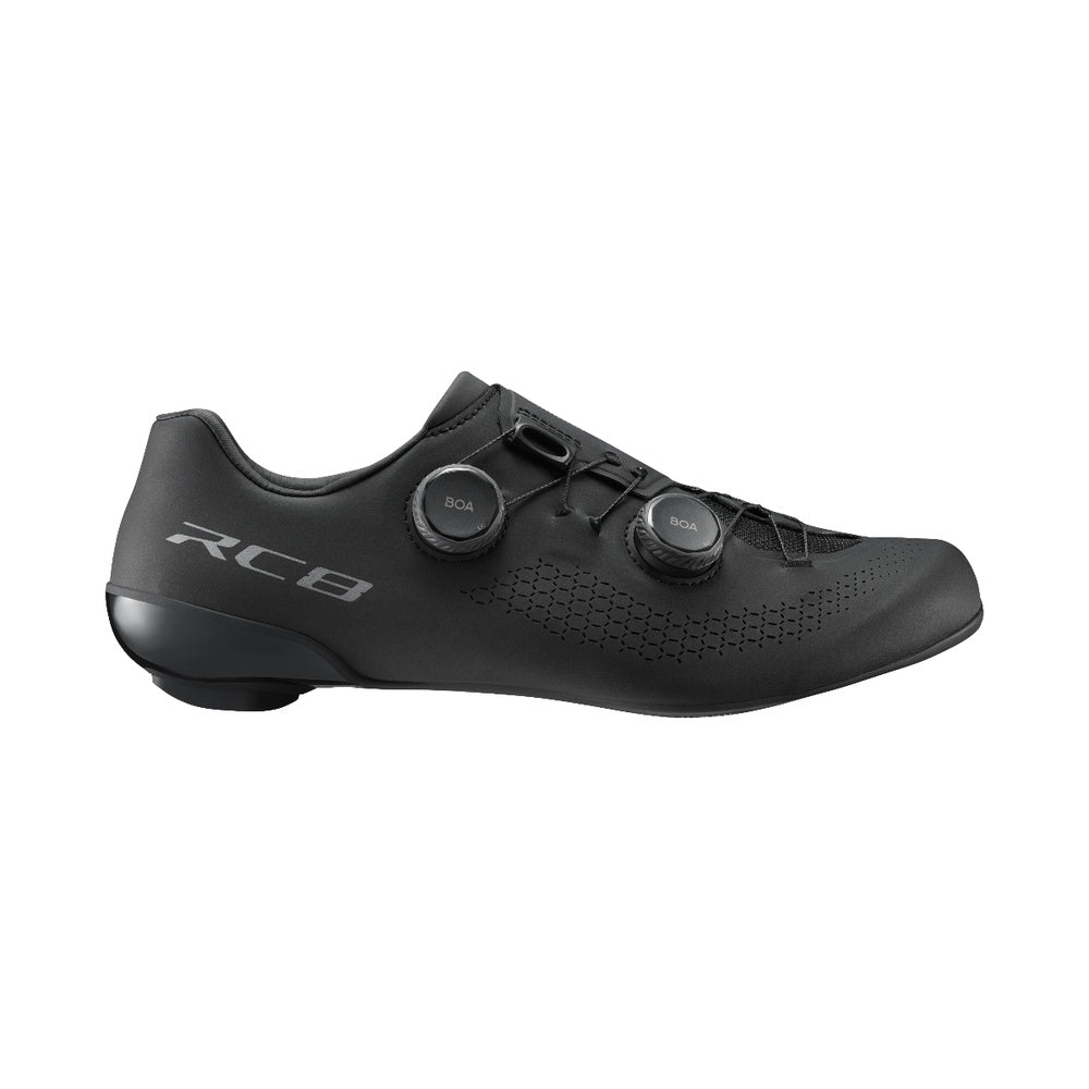 Shimano RC8 road cycling shoe in black with dual BOA dials, lateral side view