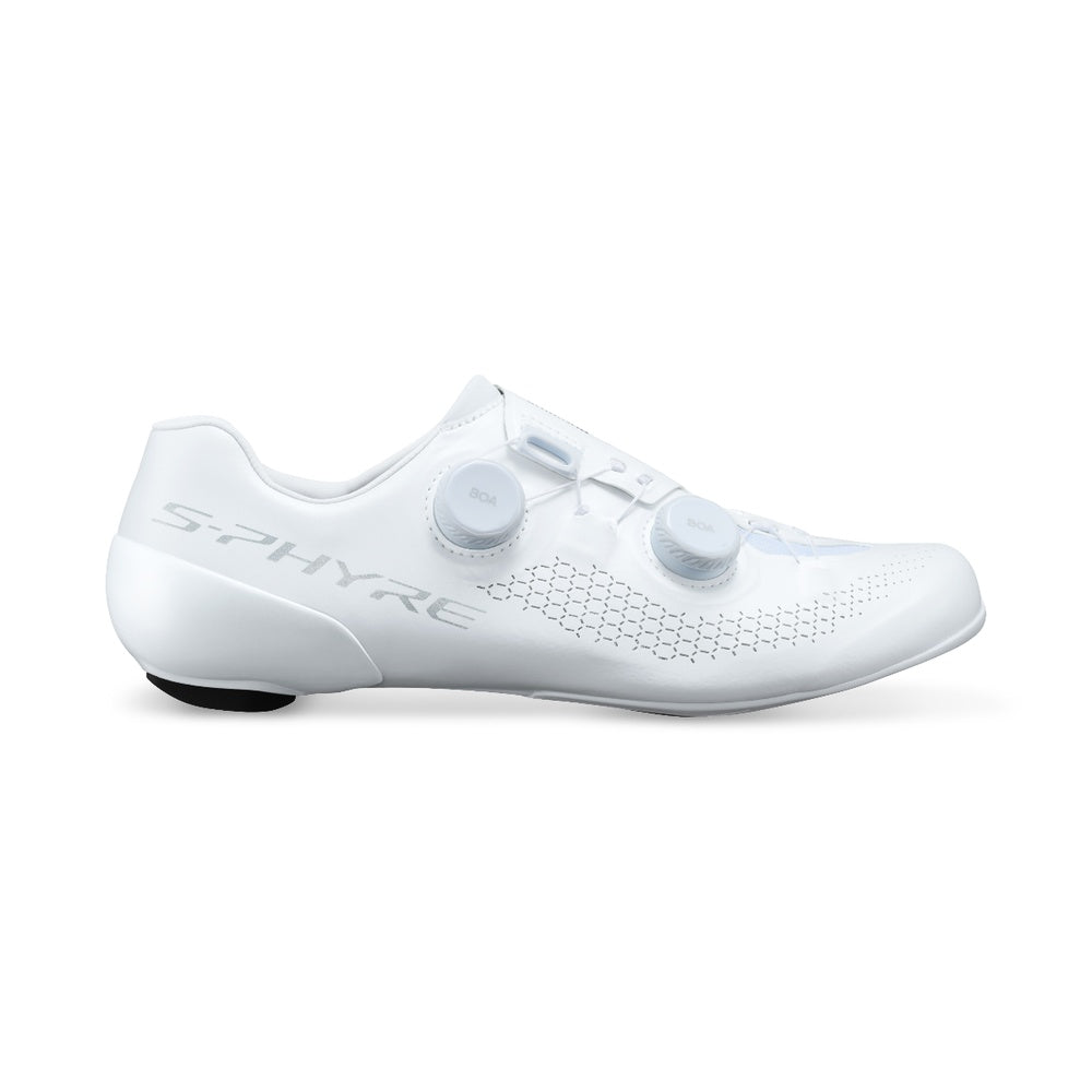 Shimano S-PHYRE SH-RC910 road cycling shoe in white, lateral view with dual BOA dials