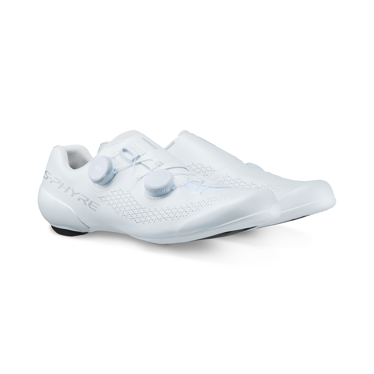 Shimano S-PHYRE SH-RC910 white road cycling shoes pair in three-quarter perspective view