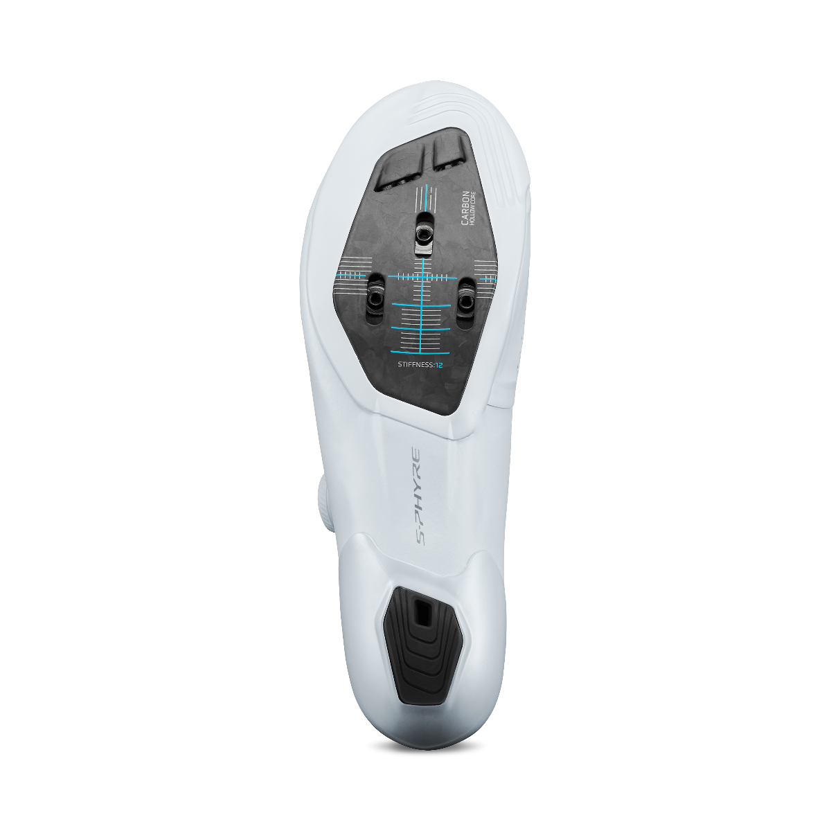 Shimano SH-RC910 S-PHYRE white shoe bottom view showing carbon sole with stiffness index 12 rating
