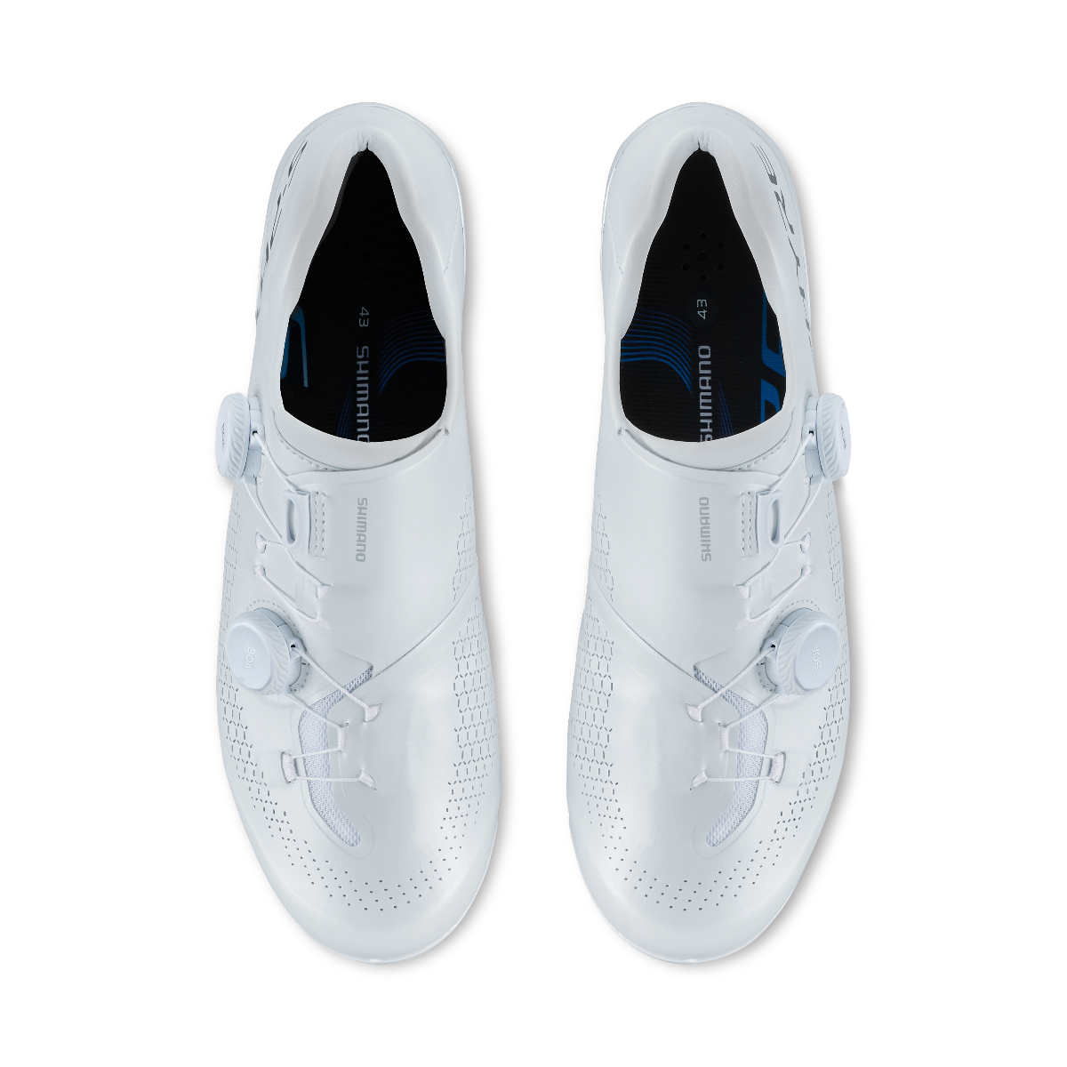 Shimano SH-RC910 S-PHYRE white cycling shoes pair top view showing Shimano insoles and BOA dials