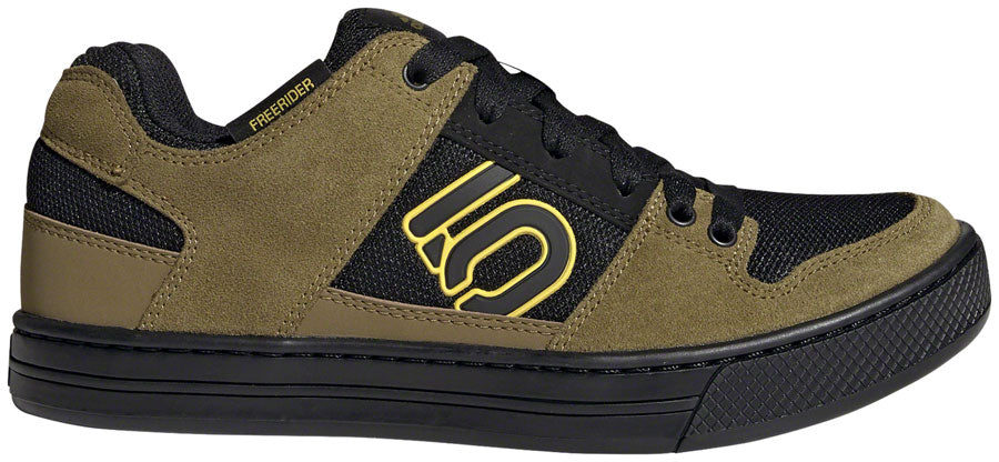 Five Ten Freerider MTB shoe in olive green with black mesh and yellow logo
