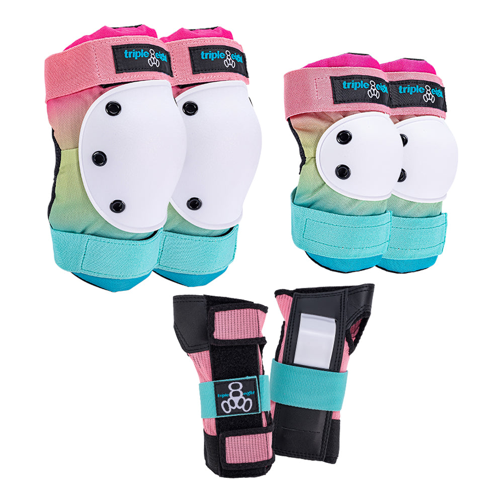 Triple Eight protective pad set with knee pads, elbow pads, and wrist guards in gradient fade colors