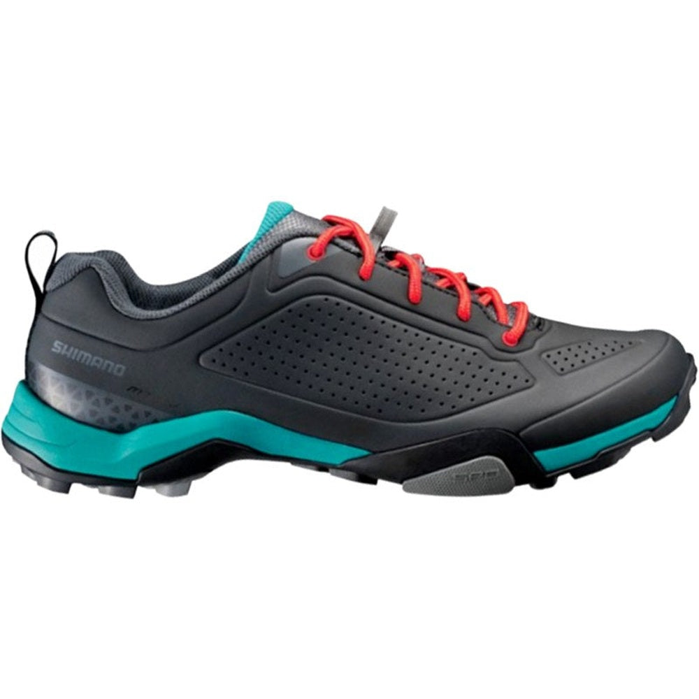 Shimano MT3 women's cycling shoe in gray with turquoise accents and red laces