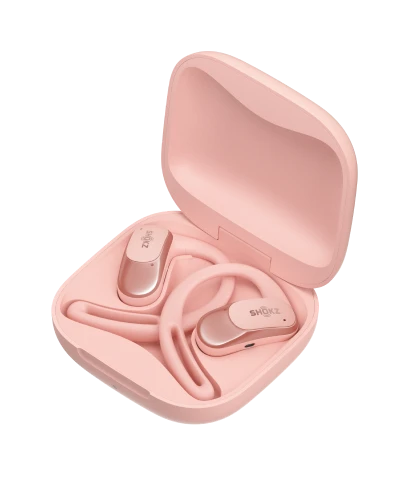 Pink Shokz OpenFit Air wireless earbuds in open charging case