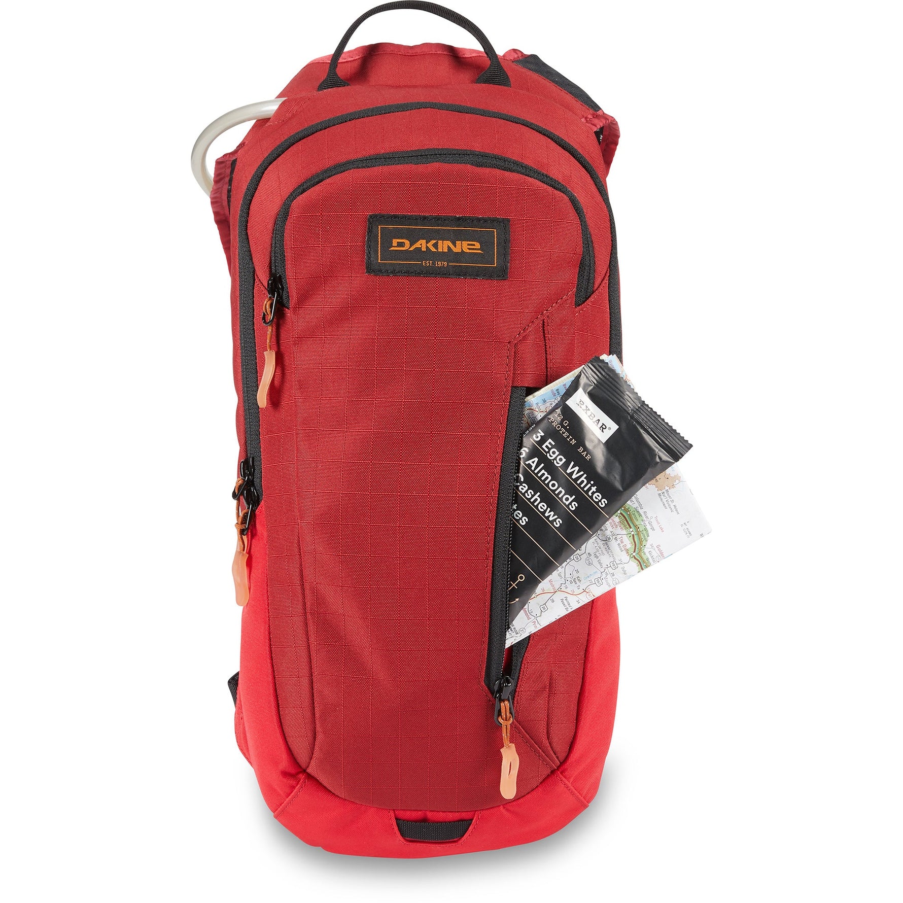 Dakine Shuttle 6L backpack in deep red with side pocket containing maps