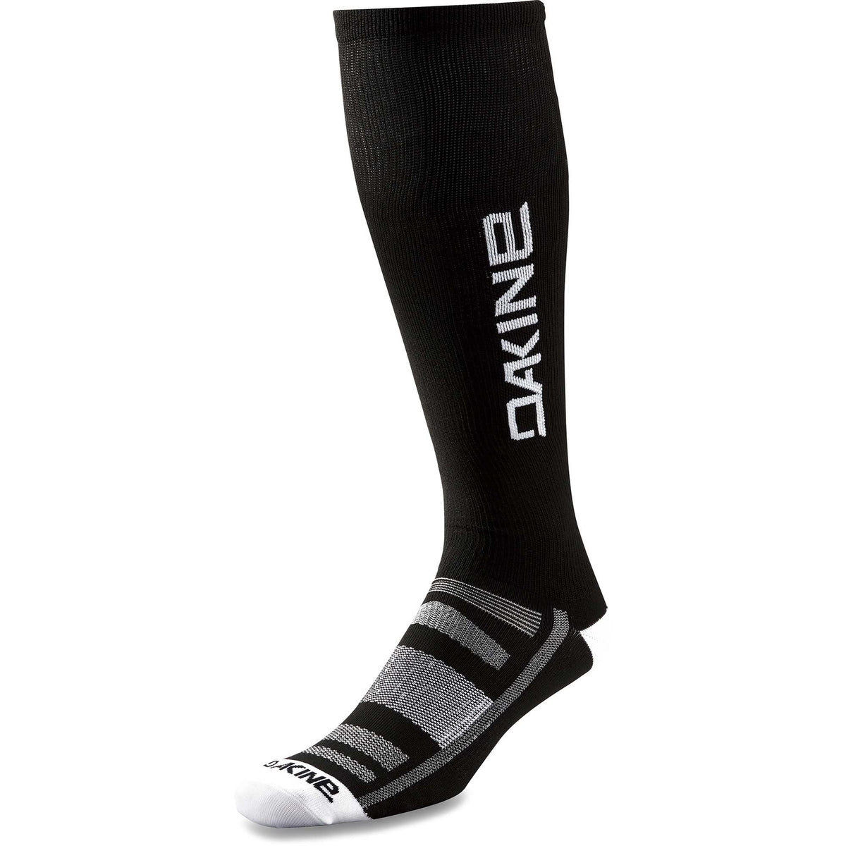 Dakine Singletrack Crew Sock in black with white logo and grey striped foot